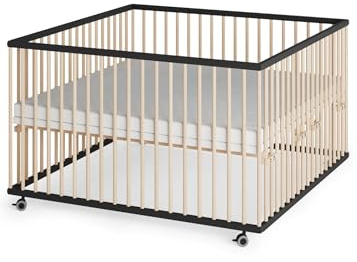 Sämann Laufstall Baby XXL 120x120 cm mit Matratze SleepPlus und 3 Schlupfsprossen | TÜV geprüft | stufenlos höhenverstellbar | Laufgitter Premium | Babybett aus Holz | Krabbelgitter schwarz/natur