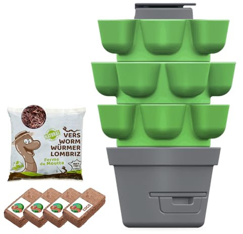 Moutta | WORMgarden Vert 3 jardinières + 500gr de vers de Compost | Jardin Potager Vertical avec lombricomposteur | Cultivez Vos Fruits et légumes | Créez Votre Potager et recyclez Vos déchets
