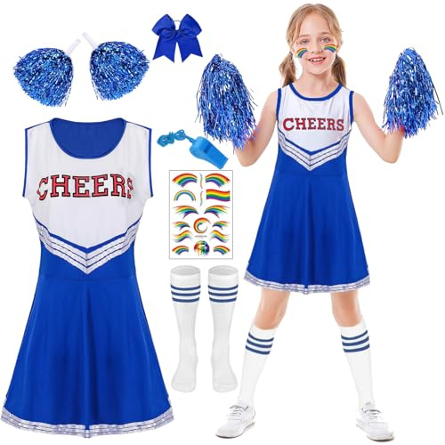 YeahBoom Cheerleader Costume Bambina,Vestito Cheerleader Bambina,Uniforme da Cheerleader Bambini con Pompon,Calzini e Accessori per Capelli,Fischietto,per Carnevale Evento Sportivo Cosplay (Blu, 130)