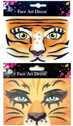 LEMONSTONE Tiere Gesichtstattoo Karneval,2 Stück Tiger Tattoo Gesicht Leo Face Art Sticker,Tiger Schminke,Glitzer Tiere Aufkleber Gesicht Karneval Leo Temporäre Tattoos,Tiere Face Sticker für Fasching