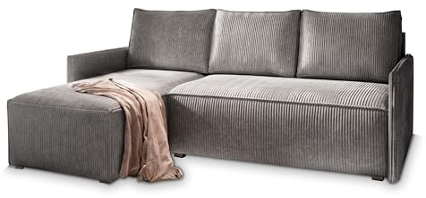 Masseno Ecksofa PERUSI mit Schlaffunktion L-Form, Sofa mit Bettkasten, Wohnzimmersofa, Couch, Soffa, Bettsofa, Couchgarnitur- Grau, POSO 60