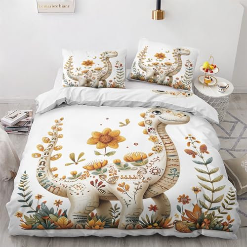 QBIDCSX Bettwäsche 135x200 Dinosaurier Kinderbettwäsche Bettwäsche Set für Kinder Mädchen, Weiche und Angenehme Mikrofaser Bettbezüge 135x200 cm mit Reißverschluss + 2 Kissenbezug 80x80 cm