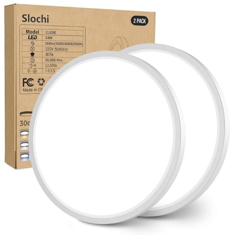 slochi Deckenlampe LED Deckenleuchte Flach, Ø30CM 3Farben 24W 2800LM Weiß | Wasserfest Rund Badlampe Decke, Modern LED Lampen für küche Badezimmer Schlafzimmer Flur Wohnzimmer, 2 Stücke