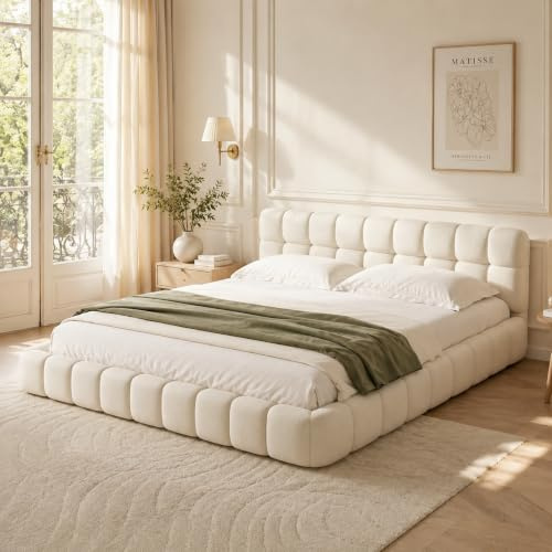 Lit Double Rembourré 140x190 cm, Lit Bubble avec Sommier à Lattes, Lits 2 Personnes Capitonne avec Tête de Lits, Cadre de Lit pour Adulte Chambre à Coucher et Chambre d'amis, sans Matelas, Lin