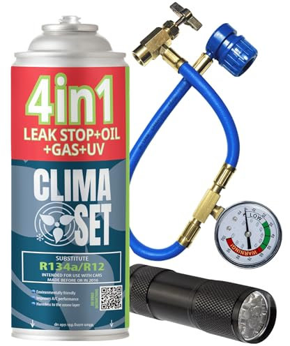 CLIMASET - Full KIT AC R134a 4in1, Gas Replacement, For cars 1994-2016 - Air conditioning solution, Standalone application - Complete set - Sealant, UV Colorant, Refrigerant - with Cable and UV Lamp