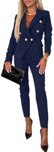 shownicer Damen Hosenanzug Elegant Business Anzug Set Revers Büro Langarm Anzugjacke Blazer Hose Zweiteiler Anzug 2-teilig Slim Fit Festlich Streetwear Damenanzug A Marine XL