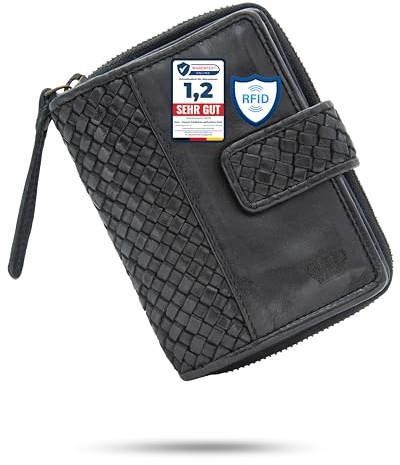 Baur Damen Geldbörse aus extra weichem Waschleder – Handgeflochtener Geldbeutel im Used-Look mit RFID-Schutz – Kleines Portemonnaie mit vielen Kartenfächern & Münzfach mit Reißverschluss (Schwarz)