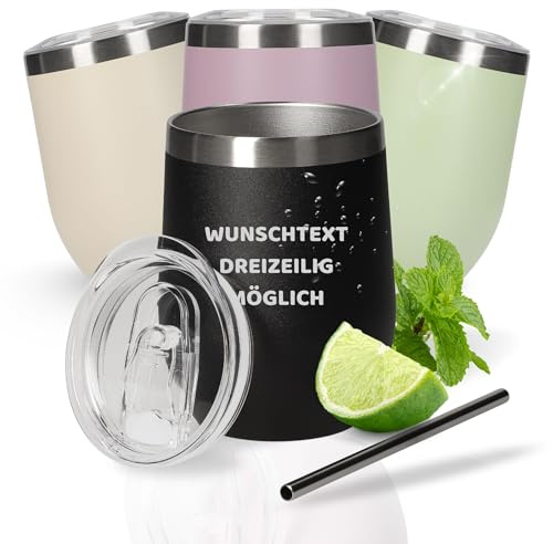 Personalisierter Weinbecher 350 ml - Trinkbecher mit Deckel und Strohhalm | Campingbecher, stapelbar, bruchsicher, Outdoor, Festival, leicht, langlebig