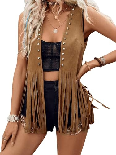 Acrawnni Women Tassel Vest 70s Hippie Faux Suede Rivets Sleeveless Fringe Waistcoat Jacket Open Front Boho Western Jacket Cardigan (C-Dark Brown, M)