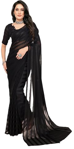 ETHNICMODE indien Sari For femme Soft Satin Light Weight Party Wear Black Saree With Unstitched Black Blouse Piece-1104