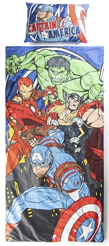 Set sacco a pelo e cuscino Marvel Avengers - Comodo sacco nanna da viaggio con manico, ideale per gite scolastiche e pigiama party