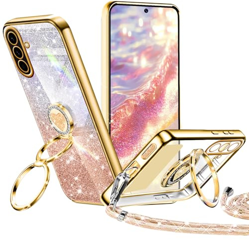 Tawarror Glitzer Handyhülle für Samsung Galaxy A56 5G Hülle mit Band, Galvanisierte Silikon TPU für Samsung A56 Schutzhülle mit Herzen Doppelring Ständer, Kordel zum Umhängen Stossfest Case Gold