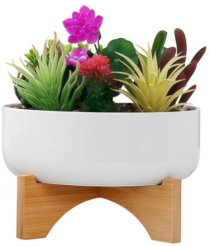 Vestamore Maceta grande de cerámica con soporte de madera, maceta redonda para suculentas de interior con bandeja para uso hidropónico y decorativo