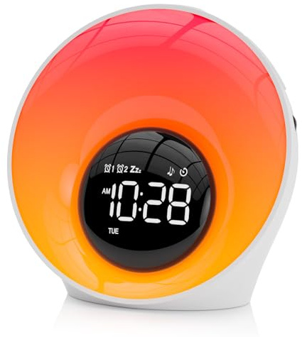 Wecker mit Sonnenaufgang Tageslichtwecker Geschenke Geräuschmaschine mit 30 beruhigende Klänge,Wake Up Light Nachttischlampe Dimmbar 16 Helligkeit 14 Farbe Schlafzimmer Lichtwecker mit Doppelalarm