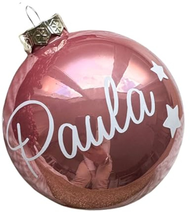 personalisierte Christbaumkugel aus Glas Altrosa glänzend | Weihnachtskugel 8cm mit Namen und Sternen | Weihnachtsdeko Baumschmuck | Echtglas