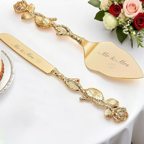 Mocessory Juego de cuchillos y servidores para tartas de boda personalizados, juego de corte de tarta dorado para bodas, juego de corte de tarta de boda vintage con rosas para fiestas