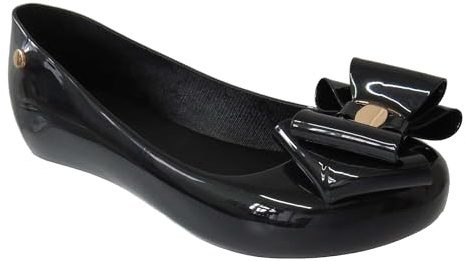 Ladies Flat Womens Bow Patent PEEP Toe TOP Jelly Bow Slip ON Shoes Ballerina Pump Size Black/Gold UK 4