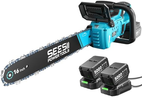 SEESII Motosierra Bateria 16 Pulgadas para Herramientas de Jardín - 2000W | Motosierra Eléctrica con 2×5.0Ah Baterías para Podar Árboles y Cortar Madera - Podadora Inalámbrica