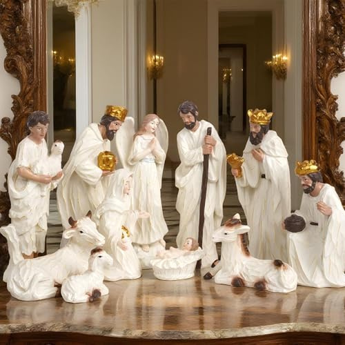 11-delad julkrubba scen figurativ set, harts liten jul födelsestyr, miniatyr infödda scen, heliga familjen krubba scener bordsskiva infödda figurer för jul inomhus dekor