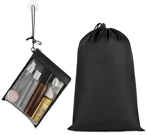 Waterproof Toiletry Bag - Bathroom Mesh Bag, Drawstring Wash Bag Gym Shower Bag with Drawstring Hook Sucker for Gym Bathroom Business