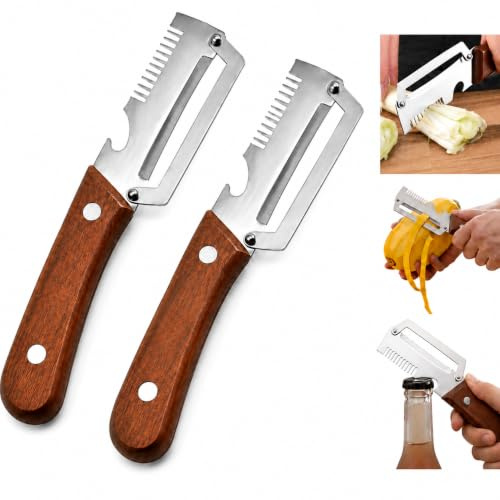 Lot de 2 éplucheurs multifonctionnels avec manche en bois - Éplucheur 3 en 1 en acier inoxydable avec râpe julienne et décapsuleur, éplucheur de fruits et légumes pour pommes de terre, concombres