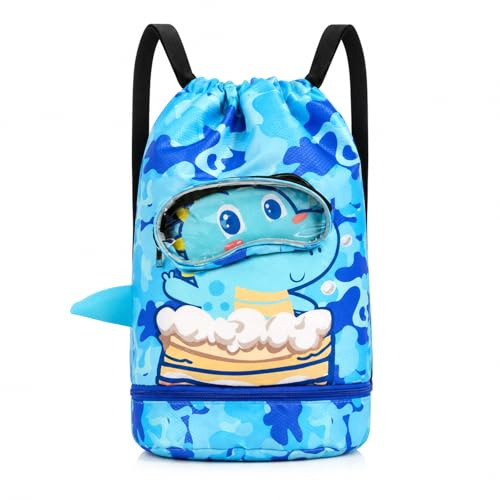 xolear Mochila Piscina Niña Niño, Separación en Seco y en Húmedo, Mochila Cuerdas, Bolsas Individuales para Zapatos, Bolsa Impermeable Piscina para Piscinas, Deportes, Playas y Viajesvd(Dinosaurio)