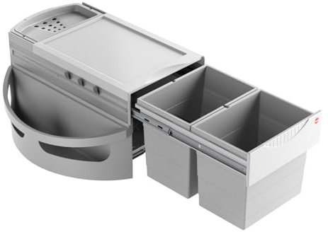 Hailo Abfallsammler Rondo 3645121 | Eckabfallsammler 2fach für 90x90 Eckunterschrank | 2x 18 Liter Inneneimer + Biodeckel | komplett drehbar | Hellgrau | Effiziente Abfalltrennung für Eckschränke