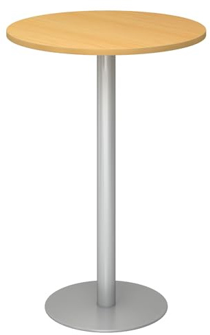 bümö Stehtisch Büro, Bistrotisch rund 80 x 80 cm - Bartisch Buche, Stehtisch Holz-Platte, Säule aus Metall in Silber, Buffettisch, Säulentisch, Partytisch, Thekentisch, Hochtisch, Barmöbel