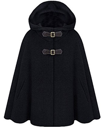 Femme Élégant Chaud Hiver Capuche Poncho Cape Mélange de Laine Veste Manteau à Capuche XL Noir