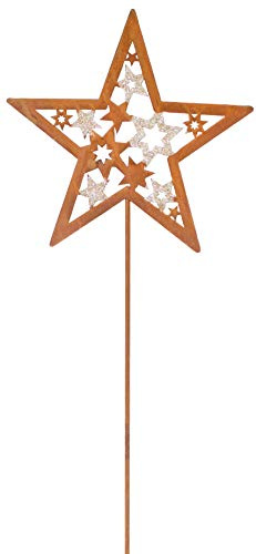 Metall Stecker Stern Rost mit Gold Glitzer Gartenstecker Beetstecker Blumenstecker stecken Weihnachtsdekoration Advent Gartendekoration Glitzer Rasenstecker Edelrostdeko Garten Deko (H=60 cm, Braun)