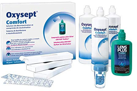 AMO Comfort 90 Tage Premium Pack - Peroxid-System zur schonenden Reinigung weicher Kontaktlinsen - Desinfektionslösung, Neutralisationstabletten, Kochsalzlösung u. v. m.