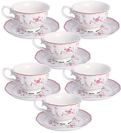 fanquare Pink Rose Tea Cup and Saucer Set for 6, British Vintage Afternoon Cup Set, Porcelain Coffee Cup with Gold Border, 150ml