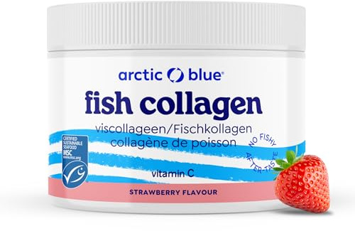 Arctic Blue Marine Kollagen Pulver – 150g – MSC-Zertifiziert - arktisches Fisch Kollagen mit Kollagenhydrolysat und Vitamin C – mit Erdbeergeschmack
