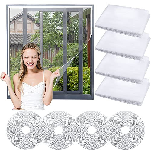 Kleemeiero 4 PZS Mosquiteras para Ventanas Universal 130 * 150CM Belcro Adhesivas Malla Lavable Tela Mosquitera para Ventanas Corredera y Puerta Mosquiteros Protección Total Contra Mosquitos y Moscas