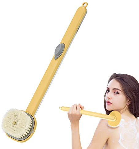 Rückenbürste Badebürste mit Langem Stiel, KAbnehmbare Badebürste mit langem Griff mit Seifenspender, Nasse und trockene Duschbürste Rückenbürste Körperbürste für Duschmassage (Gelb)