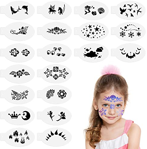 Grevosea 20 Stück Kinderschminken Set Glitzer Tattoo Schablonen Kinder Schablonen Wiederverwendbare Schablonens für Gesicht temporäre Tattoos für Kinder Halloween Urlaub Party Make-up