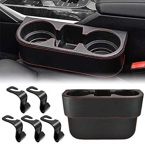 QINERSAW Universal Auto Getränkehalter Becherhalter Kfz Dosenhalter Kaffeehalter LKW Getränkehalterung Flaschenhalter Car Cup Holder Tassenhalter PU Leder Autositz Organizer Stauraum 5 Haken Schwarz