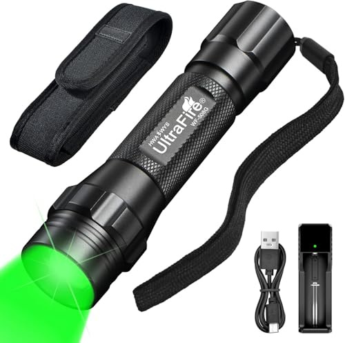 ULTRAFIRE Green Light Flashlight, Zoomable LED Green Hunting Light, 520-530nm, 500 Lumen, 200 Yards, Waterproof, Durable Aluminum, Rechargeable Lithium-ion, Tactical, Night Hunting