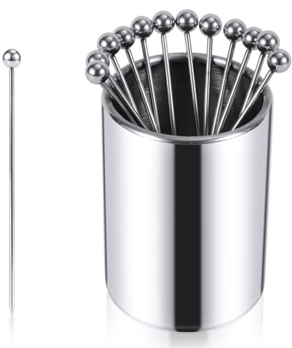 12pcs 10.7cm Metal Cocktail Picks with Holder Storage Bucket, Stainless Steel Cocktail Skewers Cocktail Toothpicks for Drink Cheese Fruits Sandwiches Reusable Appetizer Skewers for Party Supplies