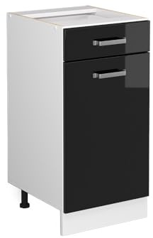 Vicco Küchenunterschrank R-Line, Schwarz Hochglanz, 40 cm | 1 Schublade · Ohne Arbeitsplatte · Höhenverstellbare Füße · ✓ Leichter Zugriff · ✓ Frei kombinierbar