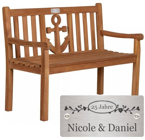 Sterngraf Bank zur silbernen Hochzeit mit Gravur-Schild zB Ranken (Namen/Datum), Gartenbank Anker 120cm Teakholz, Edelstahlschild personalisiert Geschenk-Idee 25. Hochzeitstag