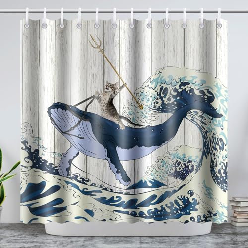 LTZGO 180x200CM Cortina de Ducha Antimoho Poliéster Lavable Opaco Tela, Cortina divisoria, con 12 Ganchos de Ducha para Bañera Baño Familia Hoteles Autocaravana Dormitorio (Ballena-Gato)