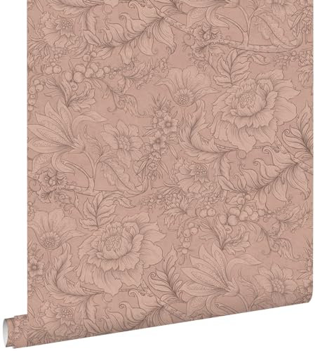papier peint fleurs rose terracotta 53 cm x 10.05 m - ESTAhome