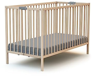 WEBABY - Klappbares Babybett Holz natur 60x120 cm mit Matratze FLEX |Faltbares Kinderbett |3 Stufen Höhenverstellbar|Kompakt | Transportierbar | Zusammenklappbar |Platzsparend