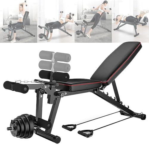 Hantelbank mit Gewichten und Stangensatz, klappbare Hantelbank mit Beinstrecker und Beinbeuger, Trainingsgerät zum Langhantelheben, Beinstrecker und Beinbeuger, Bauchbank zum Gewichtheben, Sit-Up-Ba