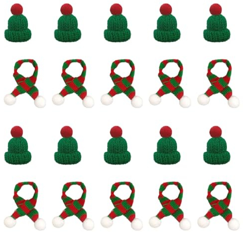 SKHAOVS 20 Stück Grünes Mini Weihnachtsmützen und Schal Set Mini Weihnachtsmannmütze Kleine Weihnachtsmütze Nikolausmütze Mini Mütze Mini Schal für Artikeldekoration DIY Party Weihnachten