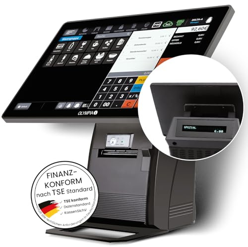 Olympia T215K Kasse für Gastronomie & Handel | Elektronisches Kassensystem mit Touchdisplay | 15 Zoll Touchscreen Monitor | Registrierkasse TSE | Thermodrucker & LCD-Anzeige | Bondrucker