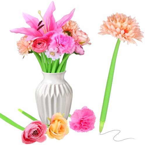 ULELE Set di 14 penne a forma di margherita, rosa, giglio, garofano, set di cancelleria, creativi, con inchiostro gel, nero liquido, 0,5 mm, penne a sfera per donne, ufficio, scuola
