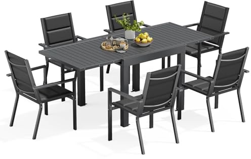 Devoko Conjunto Jardin Exterior 6 Personas, Mesa y Sillas De Comedor De Aluminio 6+1, 6 Sillas Apilables de Aluminio y 1 80-160CM Mesa Jardin Extensible, Muebles Jardin, Gris Oscuro