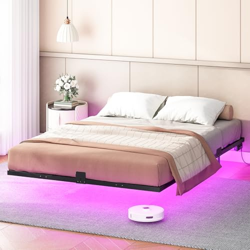 HOOBRO Lit 160 x 200 cm, Cadre de Lit avec éclairage LED et Station de Charge, Lit Double en métal avec Rangement, Cadre en Métal, Structure Robuste, Noir EBK023CDBF01